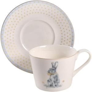imageSpode Meadow Lane Teacup with Saucer  8Ounces  Porcelain TeaCoffee Cup  Beautiful Tea Set for Living Room Dcor and Tea Party  Blue Rim and Flower Border Design  Bunny Motif