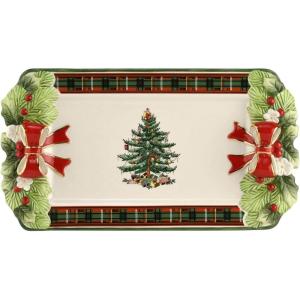 imageSpode Christmas Tree Figural Tartan Tray 12Inch Festive Serving Tray with Tartan Border Christmas Serving Tray  Fine Earthenware  Holiday Tableware for Desserts Appetizers Snacks