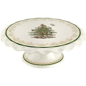 imageSpode Christmas Tree Gold Cake Stand  11quot Holiday Cake Plate for Cupcakes Cookies and Desserts  Porcelain Serving Dish with 22K Gold Accents Dishwasher Safe Christmas Tableware