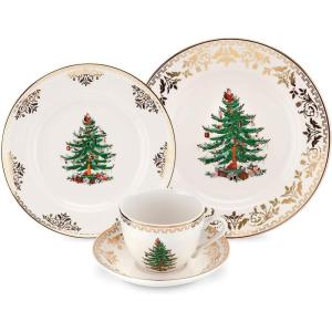 imageSpode Christmas Tree Gold Salad Plate Set of 4  8Inch Porcelain Dinner ampamp Appetizer Plate Christmas Dinnerware Microwave ampamp Dishwasher Safe Festive Collectible Seasonal Dining PlateChristmas Tree Gold 4Piece Place Setting