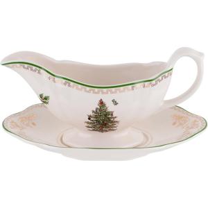 imageSpode Christmas Tree Gold Salad Plate Set of 4  8Inch Porcelain Dinner ampamp Appetizer Plate Christmas Dinnerware Microwave ampamp Dishwasher Safe Festive Collectible Seasonal Dining PlateChristmas Tree Sauce Boat and Stand