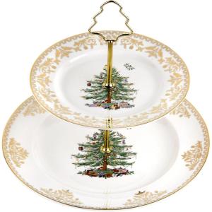 imageSpode Christmas Tree Gold Salad Plate Set of 4  8Inch Porcelain Dinner ampamp Appetizer Plate Christmas Dinnerware Microwave ampamp Dishwasher Safe Festive Collectible Seasonal Dining PlateChristmas Tree 2Tier Cake Stand