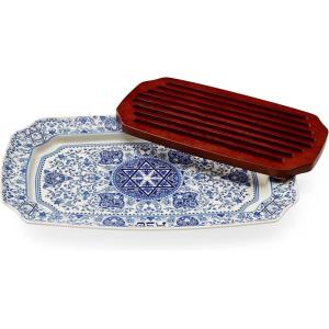 imageSpode Judaica Collection Challah Tray with Wood Insert  175 Inch Blue ampamp White Porcelain Shabbat Serving Piece Traditional Judaic Tile Design Removable Cutting Board Frame