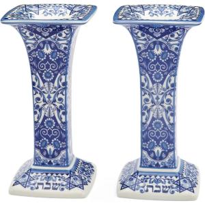 imageSpode Judaica Sabbath Candlesticks Set of 2  Elegant Blue ampamp White Ceramic Candle Holders Featuring Star of David ampamp Floral Motifs  Fine Porcelain  Ideal for Shabbat ampamp Holiday Table Settings