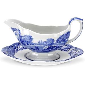 imageSpode Blue Italian 9 Oz Gravy Boat and Saucer Earthenware Sauce Boat with Large Handle Classic Countryside Design Perfect for Gravy Sauces Salad Dressings Dishwasher ampamp Microwave Safe