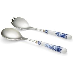 imageSpode Blue Italian Salad Servers Set  10 Inch Spoon ampamp Fork Serving Utensils Duo with Porcelain Handles and Stainless Steel HeadBlue  White