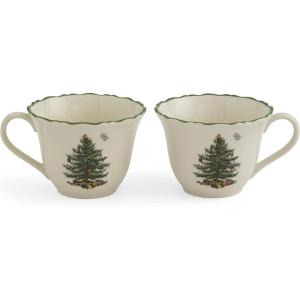 imageSpode Christmas Tree Punch Cups  Set of 2 Holiday Mugs for Espresso Tea Coffee  8 Oz Porcelain Cups with Scalloped Rim Christmas Design  Microwave ampamp Dishwasher Safe