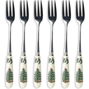 imageSpode Christmas Tree Teaspoons  Set of 6 Holiday Silverware for Desserts and Beverages Stainless Steel Flatware with Porcelain Handles 6Inch Festive Dessert Spoons GiftBoxedChristmas Tree Pastry Fork