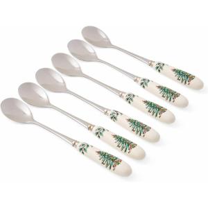 imageSpode Christmas Tree Teaspoons  Set of 6 Holiday Silverware for Desserts and Beverages Stainless Steel Flatware with Porcelain Handles 6Inch Festive Dessert Spoons GiftBoxedChristmas Tree Tea Spoon