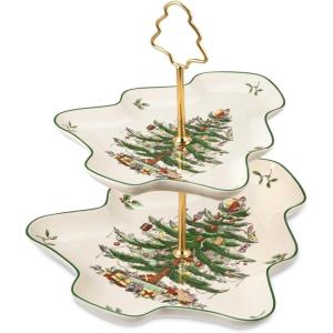 imageSpode Christmas Tree Divided Dish  115quot Festive Serving Tray for Holiday Parties Seasonal Events  Fine Earthenware Decorative Christmas Dinnerware Microwave ampamp Dishwasher SafeChristmas Tree Sculpted 2Tier Server