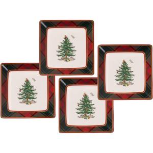 imageSpode Christmas Tree Tartan Square Tidbit Plates Set of 4  5quot Holiday Appetizer Platter for Christmas Entertaining  Traditional Tartan Plaid with Iconic Tree Motif  Microwave and Dishwasher Safe
