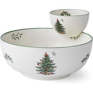 imageSpode Christmas Tree Tiered Chip and Dip Serving Set  2Piece Festive Snack Platter  Iconic Christmas Tree Motif  Porcelain Dishwasher Microwave Freezer Safe  Holiday ServewareChristmas Tree