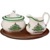 imageSpode Christmas Tree Sugar ampamp Creamer Set 3Piece  Porcelain 16oz Sugar 8oz Creamer Container Wood Tray  Festive Holiday Tea ampamp Coffee Serving Set  Dishwasher Safe Tableware for Gifting