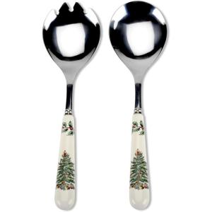imagePortmeirion Christmas Tree Salad Server Set 2Piece  10 Inch Stainless Steel with Porcelain Handles Festive Flatware for Holiday Dining  Dishwasher Safe Seasonal Entertaining ampamp GiftGiving
