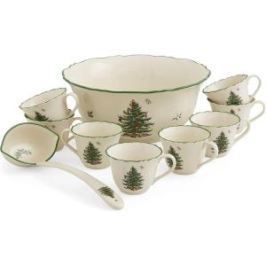 imageSpode Christmas Tree 10 Piece Punch Bowl Set Made of Fine Porcelain Includes  1 Punch Bowl  1 Ladle  8 Punch Cups  Punch Bowl is 11Inch  Punch Cups are 8 oz