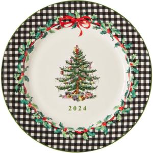 imageSpode Christmas Tree Collector Plate  Exclusive Border with Red Ribbon ampamp Black Check Seasonal Display or Holiday Tableware Use 8quot Porcelain Plate  Microwave ampamp Dishwasher Safe Great Holiday Gift8 Inch