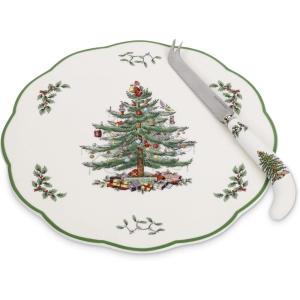 imageSpode Christmas Tree Sculpted Octagonal Platter  14Inch Holiday Serving Platter for Meats Cheeses and Desserts  Dishwasher and Microwave Safe Christmas Dinnerware with Iconic Tree DesignChristmas Tree Appetizer Plate with Cheese Knife