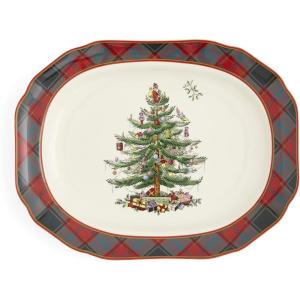 imageSpode Christmas Tree Tartan Rectangular Platter  14Inch Holiday Serving Platter for Christmas Entertaining  Traditional Tartan Plaid Design with Iconic Tree Motif  Microwave and Dishwasher Safe