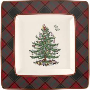imageSpode Christmas Tree Tartan Square Platter  10Inch Holiday Serving Platter for Christmas Entertaining  Traditional Tartan Plaid Design with Iconic Tree Motif  Microwave and Dishwasher Safe