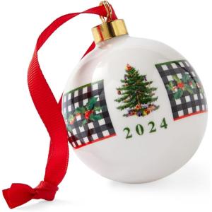 imageSpode Exclusive Holiday Collection Tree Bauble Ornament  Porcelain Christmas Tree Decoration ampamp Centerpiece Red Ribbon ampamp BlackWhite Check Wrap  Festive Keepsake for Gifting ampamp DisplayRound 2024