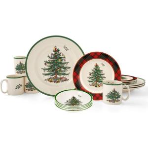 imageSpode Christmas Tree 16Piece Tartan Dinnerware Set Service for 4  Festive Holiday Tableware Collection with Plates Bowls Mugs  Porcelain Christmas Dinnerware  Microwave ampamp Dishwasher Safe