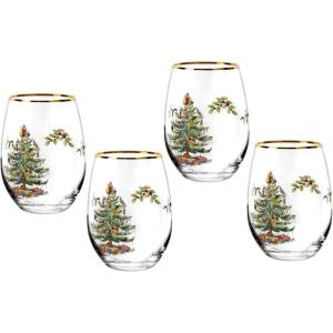 imageSpode Christmas Tree 19oz Stemless Wine Glasses Set of 4  VintageInspired Holiday Drinkware with Cozy Seasonal Charm Ideal for Mulled Wine at Festive Gatherings and Holiday Entertaining