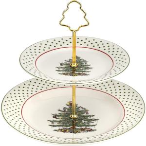 imageSpode Christmas Tree 2Tiered Server 8quot ampamp 10quot  Polka Dot Tiered Tray for Serving Food Cake Desserts Holiday Treats Festive Tableware with Gold Handle Durable Stoneware  Dishwasher Safe