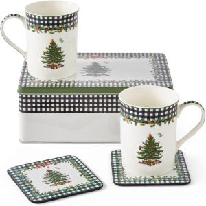 imageSpode Christmas Tree 5Piece Mug ampamp Tin Set  Fine China Mugs ampamp Cork Coasters Holiday Beverage Essentials Festive Gift for Collectors  For Christmas Coffee Cocoa Tabletop DisplayCheckered