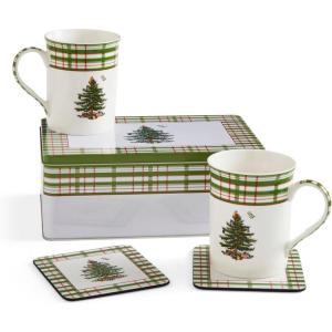 imageSpode Christmas Tree 5Piece Mug ampamp Tin Set  Fine China Mugs ampamp Cork Coasters Holiday Beverage Essentials Festive Gift for Collectors  For Christmas Coffee Cocoa Tabletop DisplayTartan