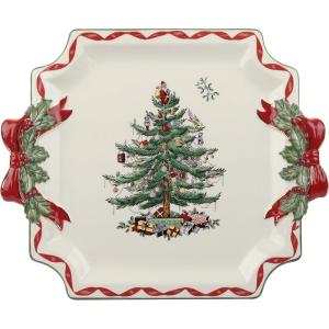 imageSpode Christmas Tree Candy Bowl  75Inch Earthenware Bowl for Candy Nuts Potpourri Holiday Decor  FoodSafe Decorative Design with Santa and Tree Motif  Christmas Gift Festive Tabletop AccentChristmas Tree Ribbons Square Platter