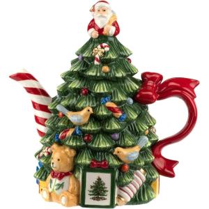 imageSpode Christmas Tree Figural Teapot  Festive 27 oz Christmas Teapot with Mistletoe Accents Peppermint Stripe Spout and Ribbon Handle  Decorative Dolomite Tea Pot for Holiday Tea Parties