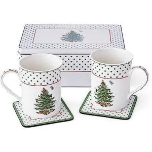 imageSpode Christmas Tree Polka Dot Mug ampamp Coaster Set with Tin Box 5Piece Set  Festive Holiday Gift Set for Tea Lovers  Elegant Porcelain Mugs and CorkBacked Coasters  Dishwasher ampamp Microwave Safe