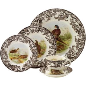 imageSpode Woodland 5Piece Thanksgiving Dinnerware Set  Porcelain Plates ampamp Teacup and Saucer Fall Dinnerware Collection  Microwave ampamp Dishwasher Safe  Elegant Autumn Tableware