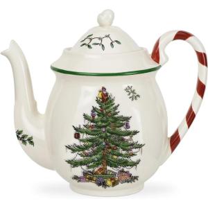 image:imageSpode Christmas Tree 32oz Teapot with Peppermint Candy Cane Handle  Earthenware Festive Holiday Serveware Brewing Warm Winter Drinks  Beautiful Addition To Your Festive Table