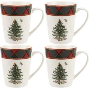 image:imageSpode Christmas Tree Tartan Mugs Set of 4  14 Ounce Festive Holiday Coffee Cups for Tea Hot Cocoa Coffee  Porcelain Mugs with Tartan Border Dishwasher amp Microwave Safe Holiday Drinkware