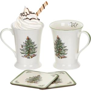 image:imageSpode Pimpernel 10 oz Mug amp Coaster Set  2 Porcelain Coffee Cups with Handles amp 2 Square 5mm CorkBacked Drink Mats Durable Heat amp Stain Resistant Table Accessories for Dining Kitchen amp HomeChristmas Tree Pimpernel
