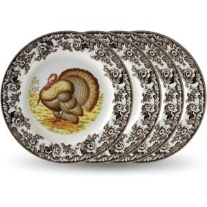 image:imageSpode Woodland Turkey Set of 4 Salad Plates 8 Fine Earthenware Made in England Game Bird Design with British Flowers Border for Thanksgiving  Microwave Dishwasher Warm Oven Safe08 H x 8 L x 8 W