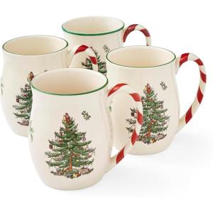 image:imageSpode Christmas Tree 14 oz Holiday Mugs Set of 4  Festive Coffee Cups with Peppermint Candy Cane Handle Stoneware Christmas Drinkware Ideal for Hot Cocoa Holiday Tea amp Winter BeveragesModern