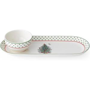 image:imageSpode Christmas Tree 2Piece Polka Dot Chip and Dip Serving Set  13Inch Oval Plate with Dip Bowl  Festive Christmas Serveware Durable Porcelain Dishwasher Microwave Freezer Safe