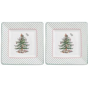 image:imageSpode Christmas Tree Polka Dot Square Platter  10 Porcelain Holiday Serving Tray for Entertaining  Dishwasher amp Microwave Safe  Christmas Dessert Tray for Serving Festive Dishes1 H x 10 L x 10 W Pack of 2