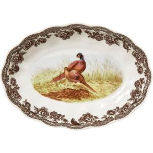 image:imageSpode British Flowers Collection 6 Oval Fluted Dish  Pheasant Illustration Rustic Serving for Appetizers Dips amp Sides with Rich Brown Border  Porcelain Dishwasher amp Oven Safe