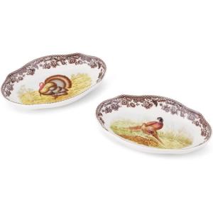 image:imageSpode Woodland Pickle Dishes Set of 285 Porcelain Plates with British Flowers Border  Turkey amp Pheasant Motifs for Side Dishes Snacks Fruit amp Desserts  Microwave amp Dishwasher Safe