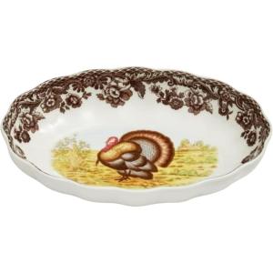 image:imageSpode Woodland Turkey Oval Fluted Dish  Porcelain Thanksgiving Tray Serve Appetizers or Desserts with Archival Floral Border 6 Inch Oval Sideboard Dish  Oven Microwave Freezer Safe