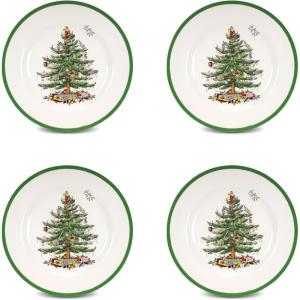 image:imageSpode Christmas Tree 105 Dinner Plate Set of 4  Festive Holiday Stoneware Plate with Christmas Tree amp Green Borders Microwave Dishwasher Freezer Oven Safe  Holiday Tableware