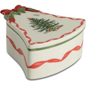 image:imageSpode Christmas Tree Ribbon Bell Shaped Box with Lid 2 H x 53 L  Festive Porcelain Dish  Decorative Holiday Storage for Candy Cookies Trinkets amp Collectibles  Holiday Kitchen Decor